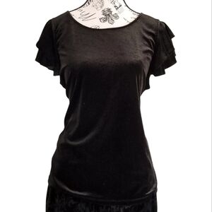 Vintage 90s black velvet basic top with ruffle sleeves